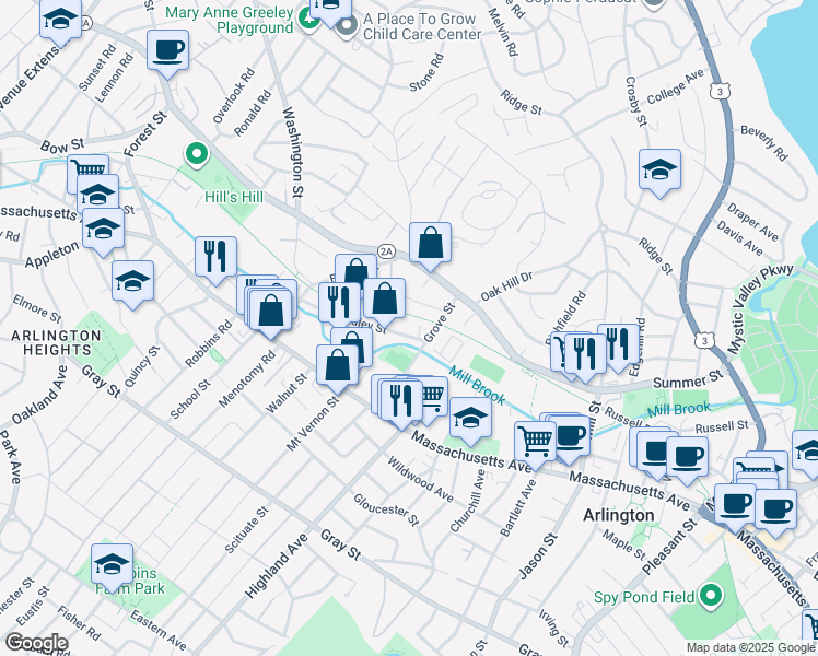 map of restaurants, bars, coffee shops, grocery stores, and more near 22 Grove Street Place in Arlington