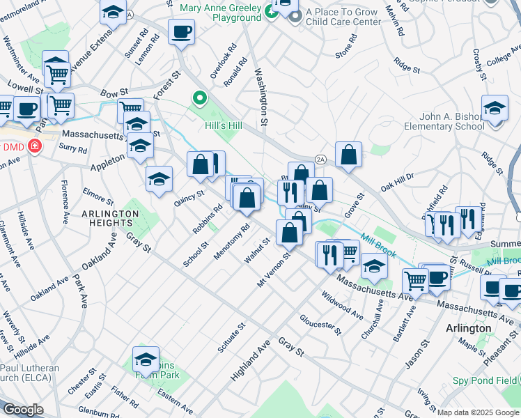 map of restaurants, bars, coffee shops, grocery stores, and more near 22 Brattle Street in Arlington