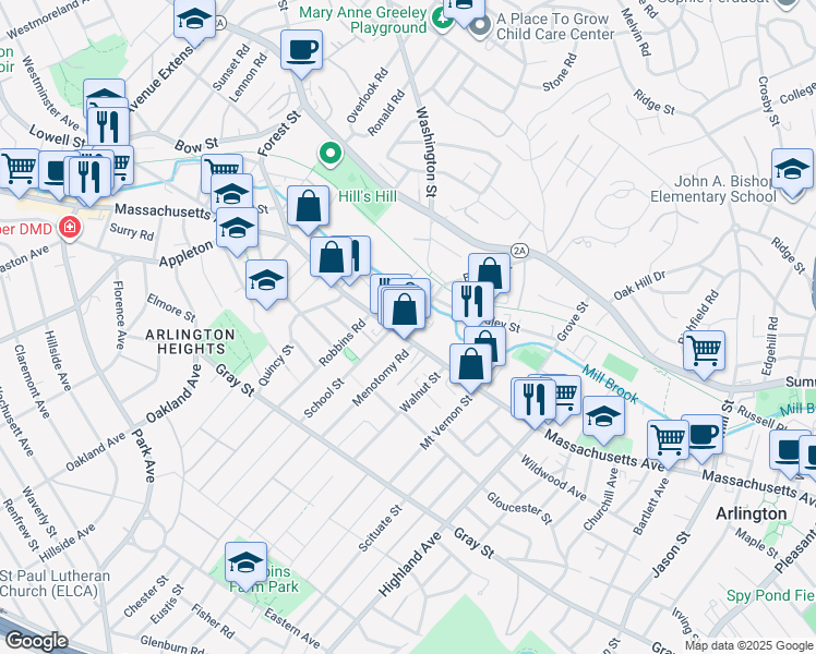 map of restaurants, bars, coffee shops, grocery stores, and more near 26 Laurel Street in Arlington