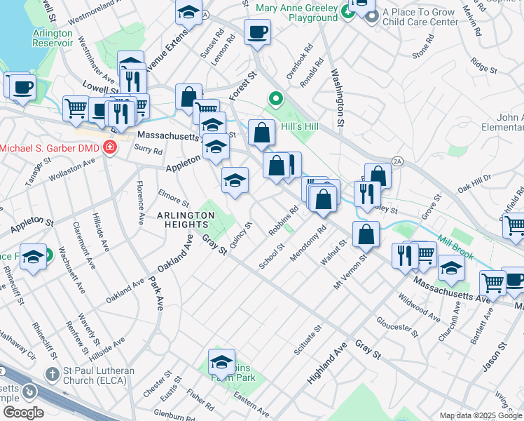 map of restaurants, bars, coffee shops, grocery stores, and more near 15 Quincy Street in Arlington