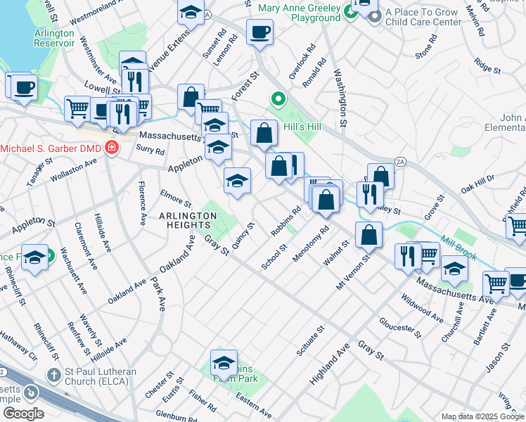 map of restaurants, bars, coffee shops, grocery stores, and more near 15 Quincy Street in Arlington