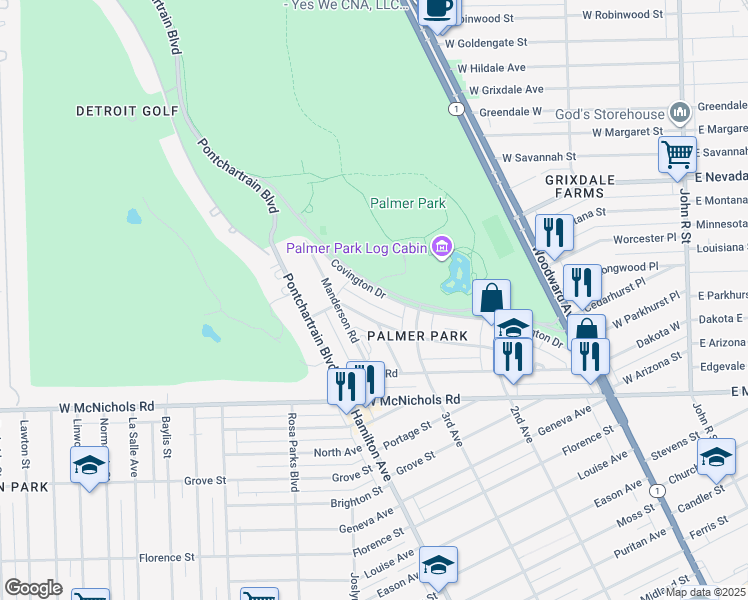 map of restaurants, bars, coffee shops, grocery stores, and more near 900 Merrill Plaisance Street in Detroit