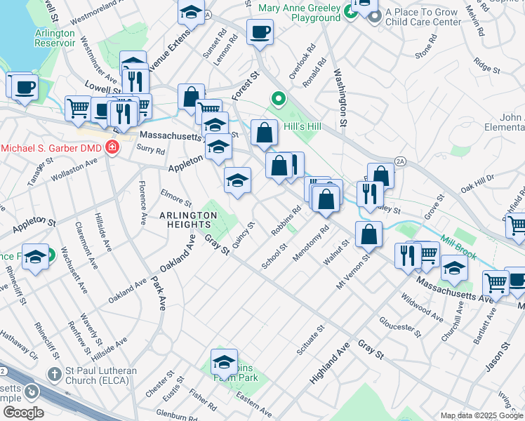 map of restaurants, bars, coffee shops, grocery stores, and more near 15 Quincy Street in Arlington