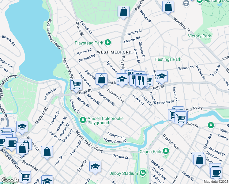 map of restaurants, bars, coffee shops, grocery stores, and more near 22 Boston Avenue in Medford