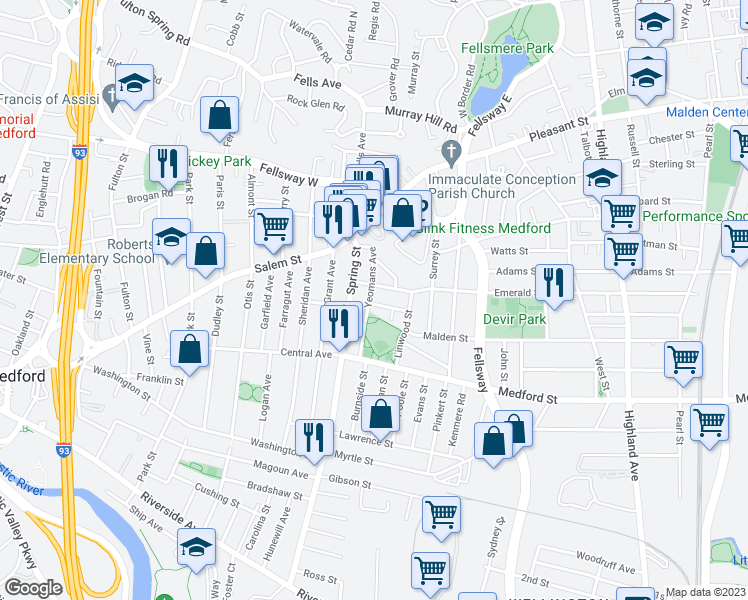 map of restaurants, bars, coffee shops, grocery stores, and more near 65 Yeomans Avenue in Medford