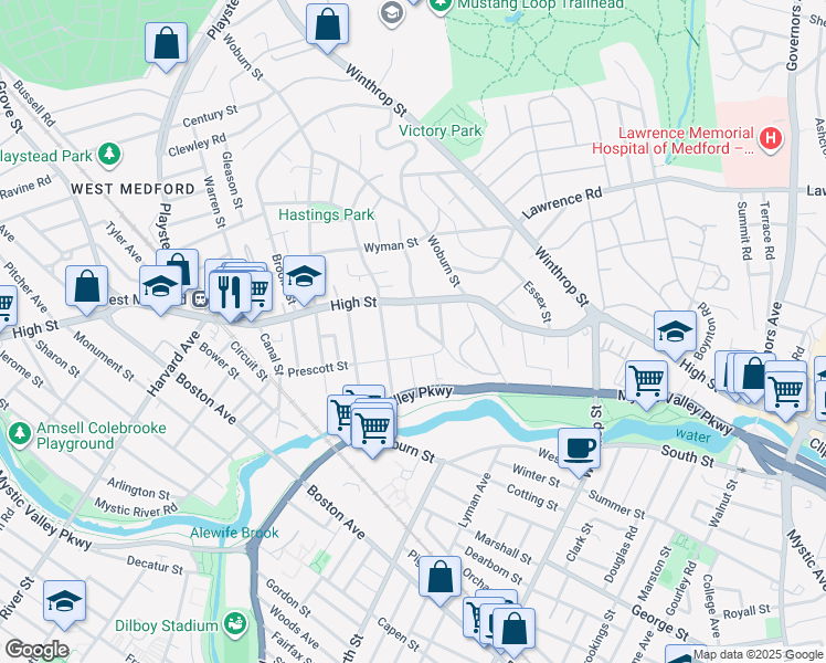 map of restaurants, bars, coffee shops, grocery stores, and more near 340 High Street in Medford