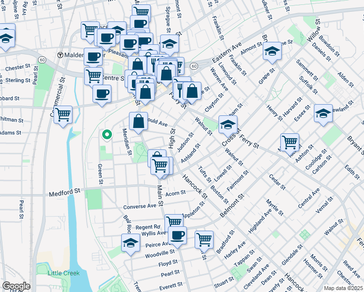 map of restaurants, bars, coffee shops, grocery stores, and more near Judson Street in Malden