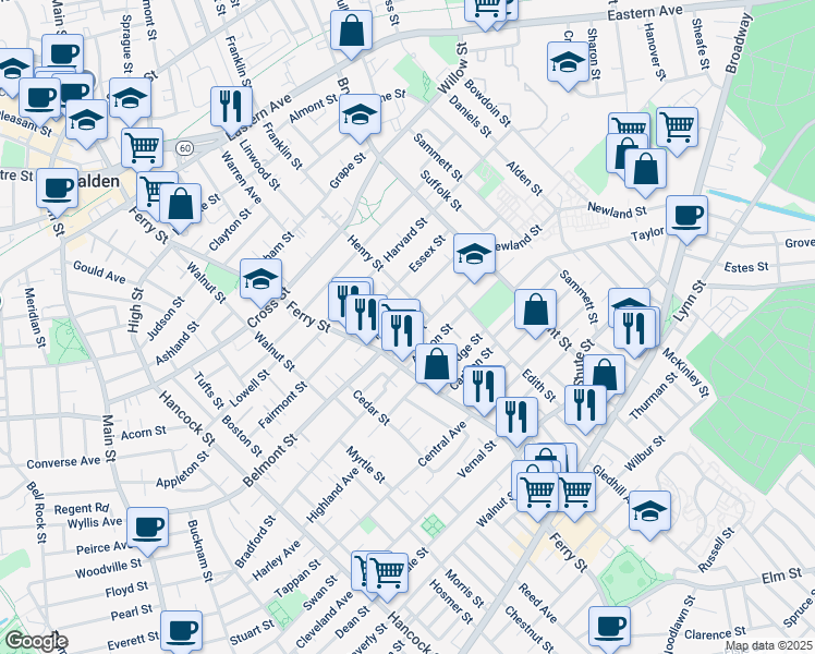 map of restaurants, bars, coffee shops, grocery stores, and more near 83-85 Mills Street in Malden