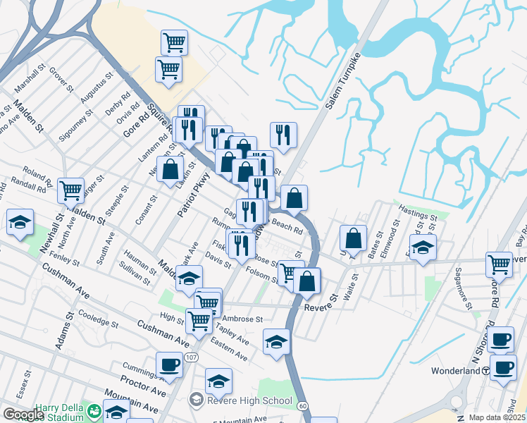 map of restaurants, bars, coffee shops, grocery stores, and more near 30 Squire Road in Revere