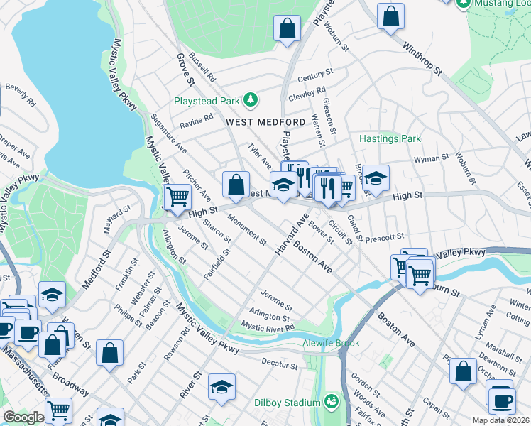 map of restaurants, bars, coffee shops, grocery stores, and more near 20 Boston Avenue in Medford