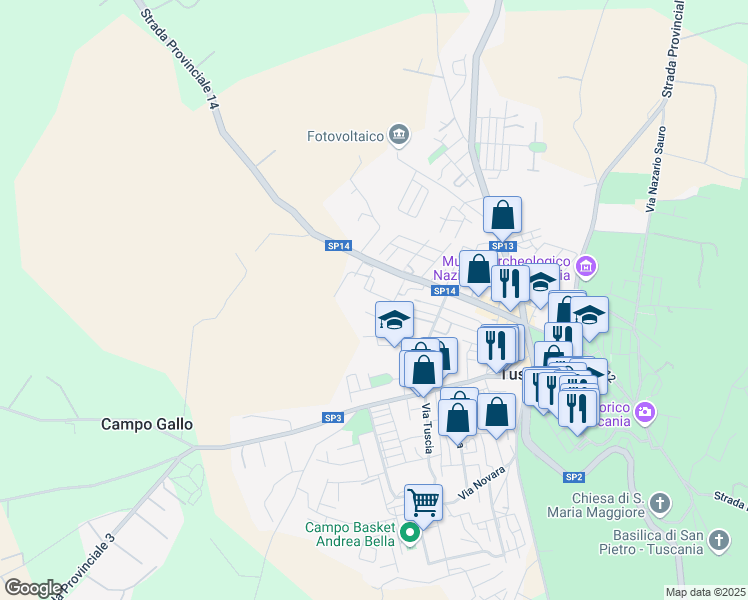 map of restaurants, bars, coffee shops, grocery stores, and more near 71 Piazza Raffaele Eusepi in Tuscania