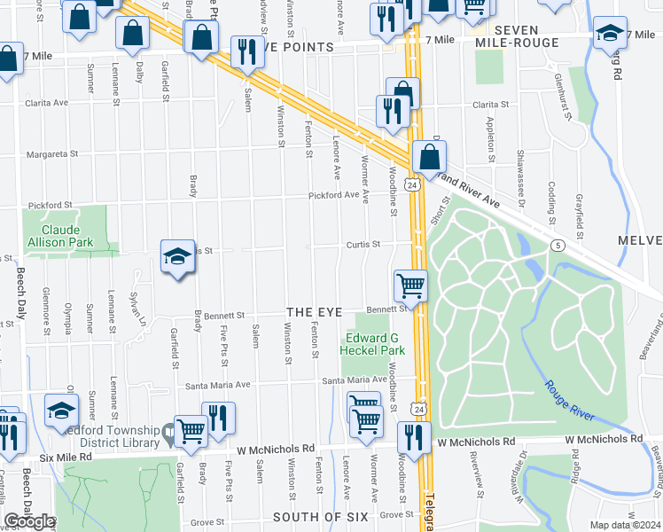 map of restaurants, bars, coffee shops, grocery stores, and more near 17713 Lenore Avenue in Detroit