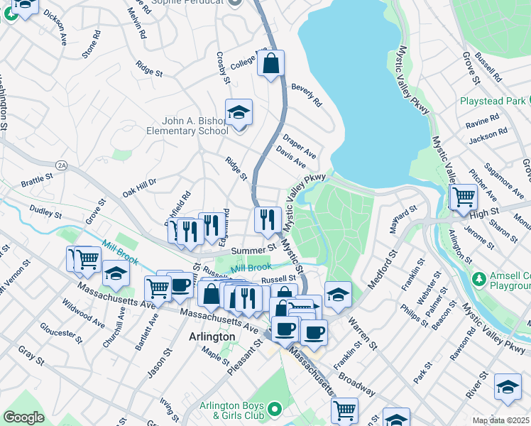 map of restaurants, bars, coffee shops, grocery stores, and more near 182 Mystic Street in Arlington