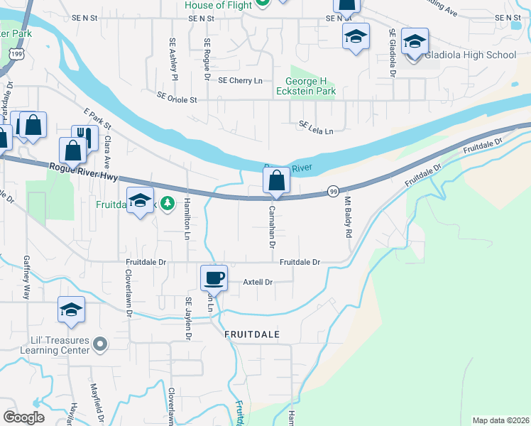 map of restaurants, bars, coffee shops, grocery stores, and more near 1745 Rogue River Highway in Grants Pass