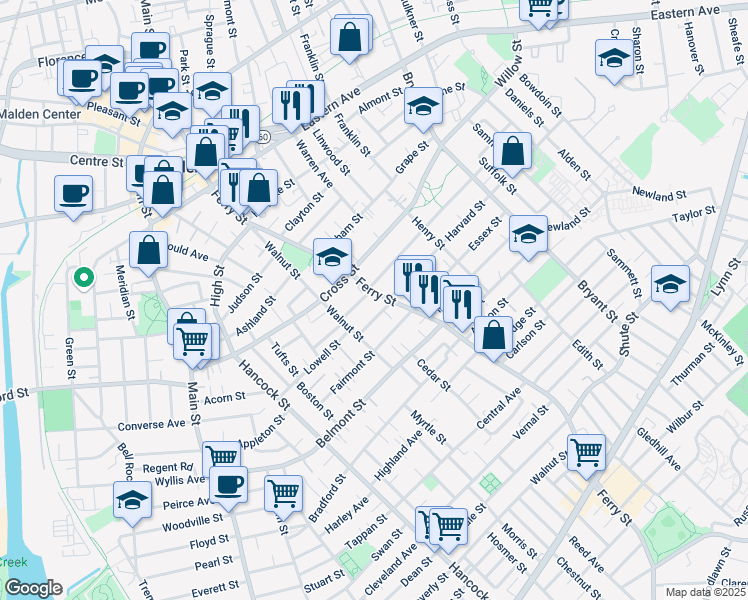 map of restaurants, bars, coffee shops, grocery stores, and more near 380 Ferry Street in Malden