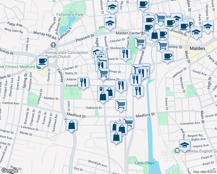 map of restaurants, bars, coffee shops, grocery stores, and more near 72 Adams Street in Malden