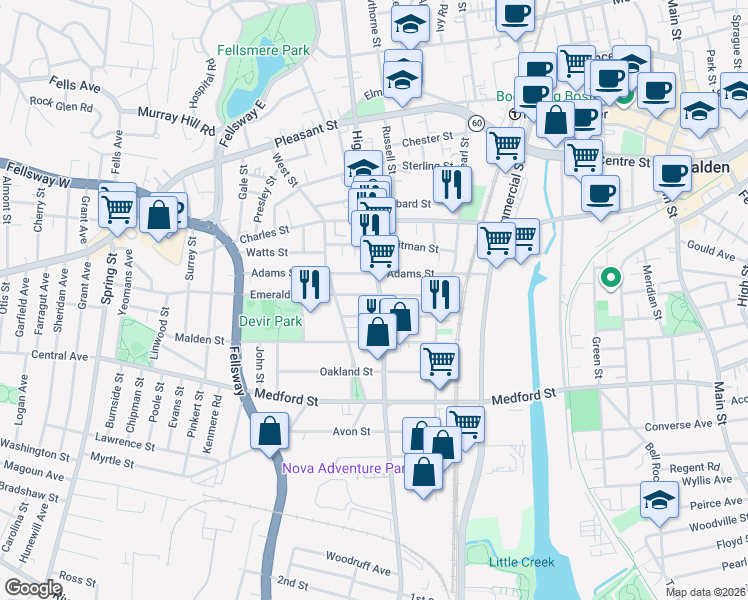 map of restaurants, bars, coffee shops, grocery stores, and more near 238 Highland Avenue in Malden