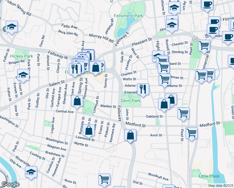 map of restaurants, bars, coffee shops, grocery stores, and more near 1210 Fellsway in Malden