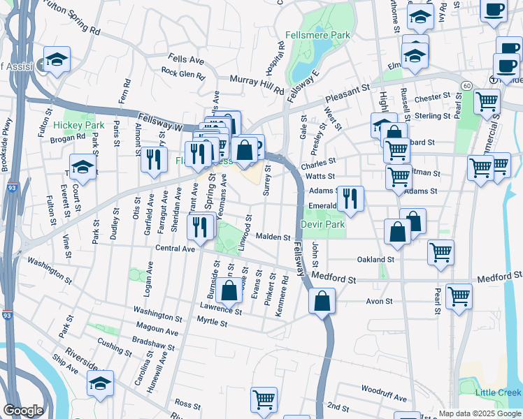 map of restaurants, bars, coffee shops, grocery stores, and more near 107 Surrey Street in Medford