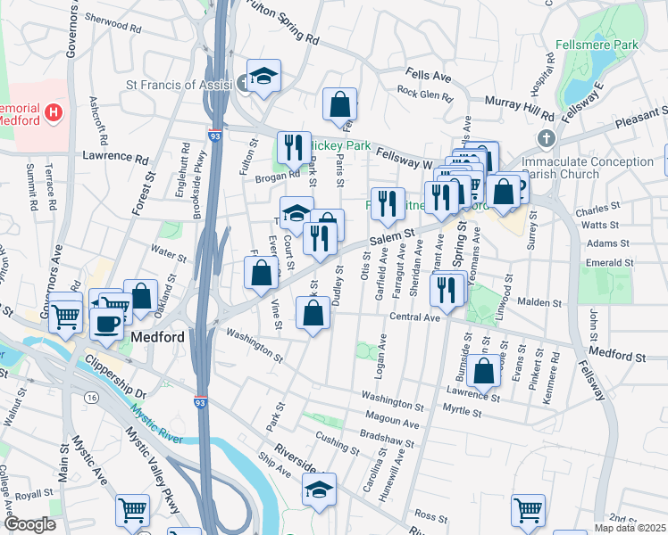 map of restaurants, bars, coffee shops, grocery stores, and more near 325 Salem Street in Medford
