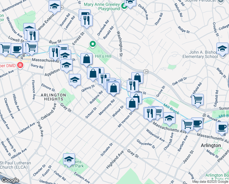 map of restaurants, bars, coffee shops, grocery stores, and more near 26 Laurel Street in Arlington