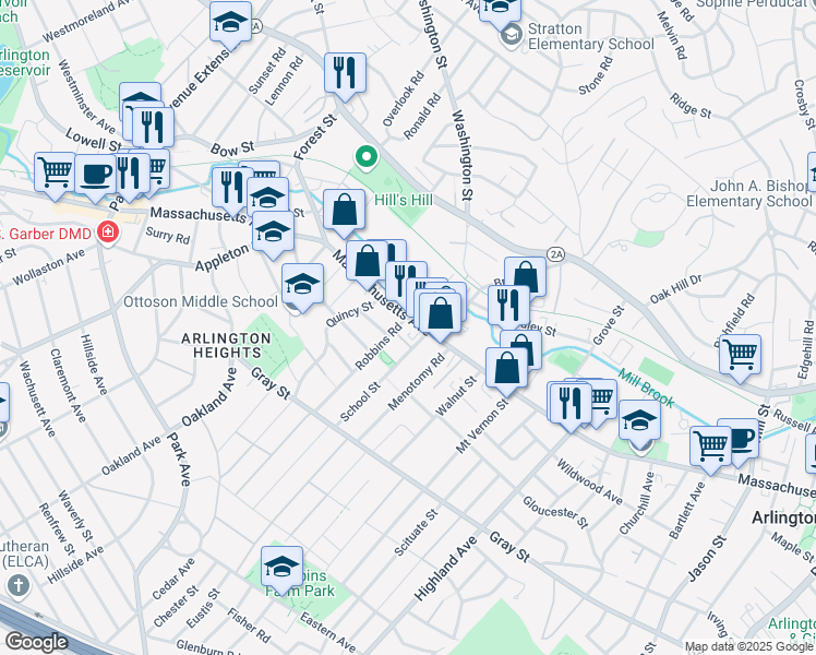 map of restaurants, bars, coffee shops, grocery stores, and more near 1098 Massachusetts Avenue in Arlington
