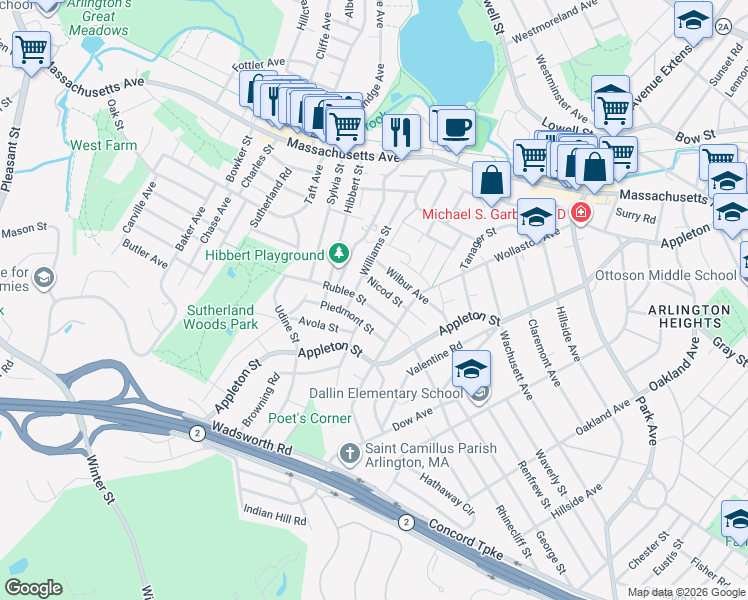 map of restaurants, bars, coffee shops, grocery stores, and more near 52 Wilbur Avenue in Arlington