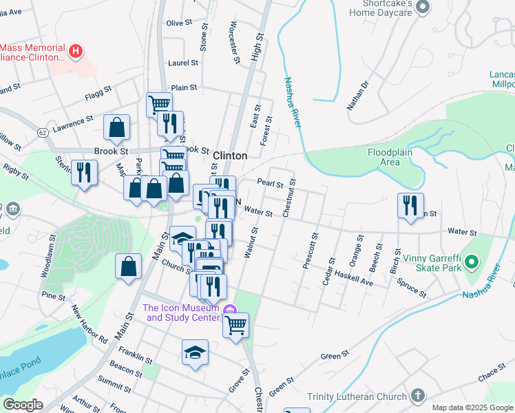 map of restaurants, bars, coffee shops, grocery stores, and more near 200 Walnut Street in Clinton