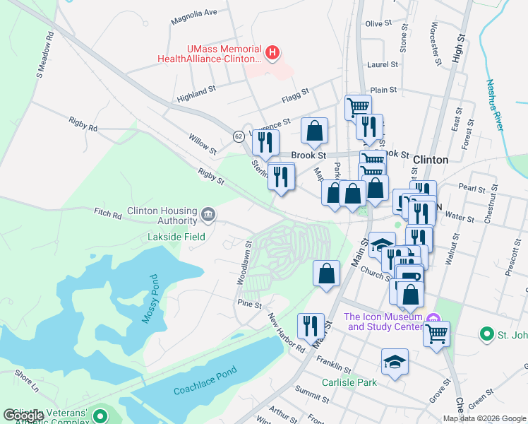 map of restaurants, bars, coffee shops, grocery stores, and more near 26 Rigby Street in Clinton