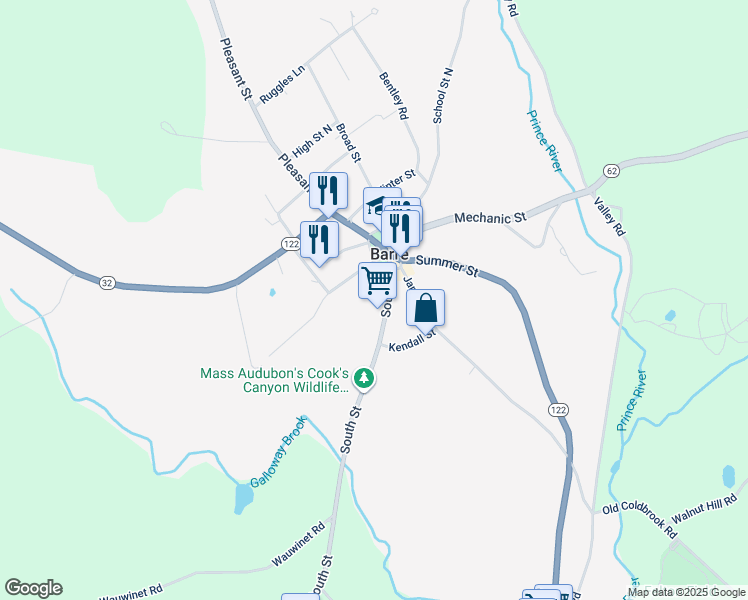 map of restaurants, bars, coffee shops, grocery stores, and more near 29 South Street in Barre