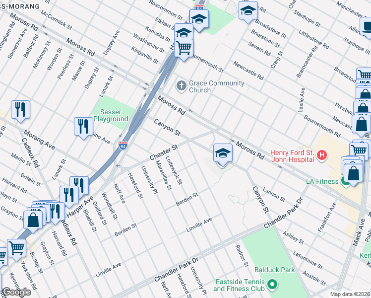 map of restaurants, bars, coffee shops, grocery stores, and more near 8515 Canyon Street in Grosse Pointe
