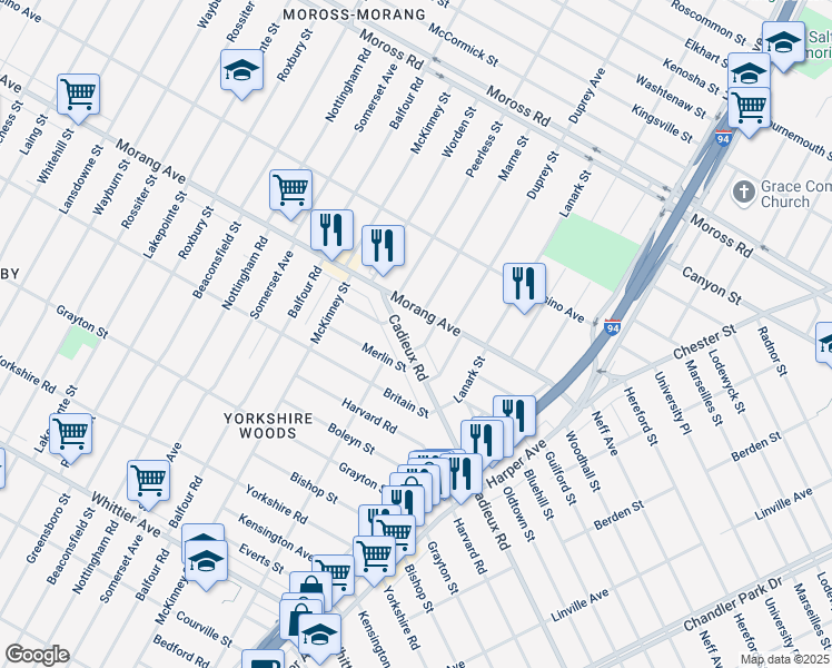 map of restaurants, bars, coffee shops, grocery stores, and more near 10567 Morang Avenue in Detroit