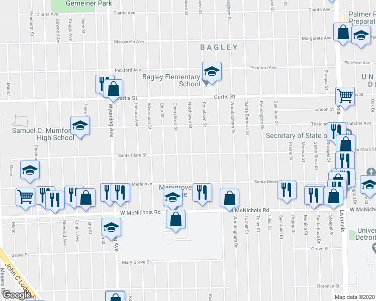 map of restaurants, bars, coffee shops, grocery stores, and more near 17555 Northlawn Street in Detroit