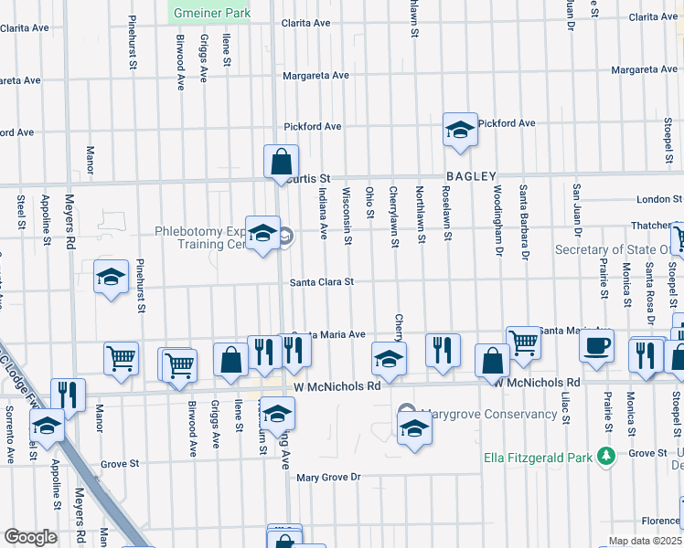 map of restaurants, bars, coffee shops, grocery stores, and more near 17554 Wisconsin Street in Detroit
