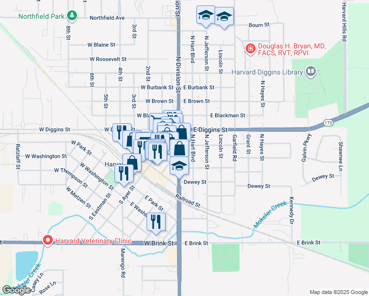 map of restaurants, bars, coffee shops, grocery stores, and more near 401 North Division Street in Harvard