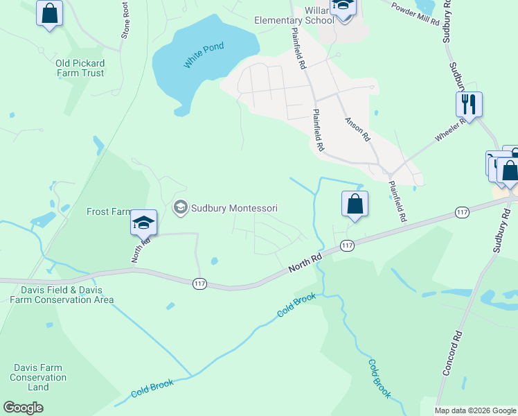 map of restaurants, bars, coffee shops, grocery stores, and more near 86 Rookery Ln in Sudbury