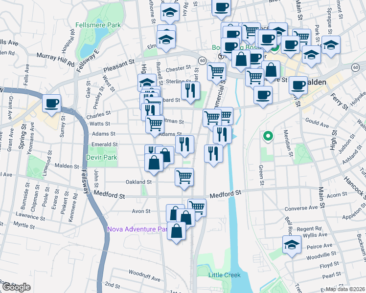 map of restaurants, bars, coffee shops, grocery stores, and more near 38 Adams Street in Malden