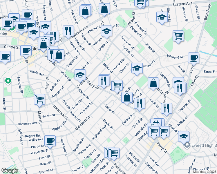 map of restaurants, bars, coffee shops, grocery stores, and more near 29 Essex Street in Malden