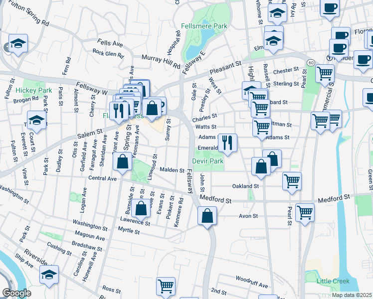 map of restaurants, bars, coffee shops, grocery stores, and more near 1210 Fellsway in Malden