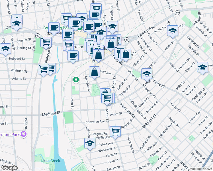 map of restaurants, bars, coffee shops, grocery stores, and more near 22 Wilson Avenue in Malden
