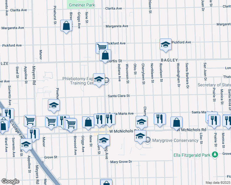 map of restaurants, bars, coffee shops, grocery stores, and more near 17565 Indiana Street in Detroit