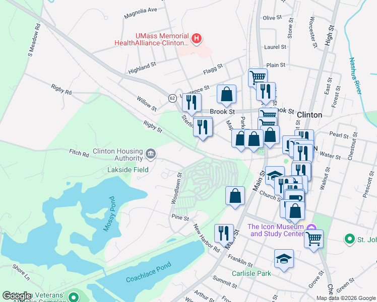 map of restaurants, bars, coffee shops, grocery stores, and more near 26 Rigby Street in Clinton