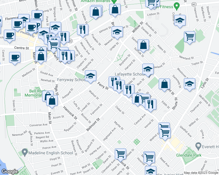 map of restaurants, bars, coffee shops, grocery stores, and more near 424 Ferry Street in Malden