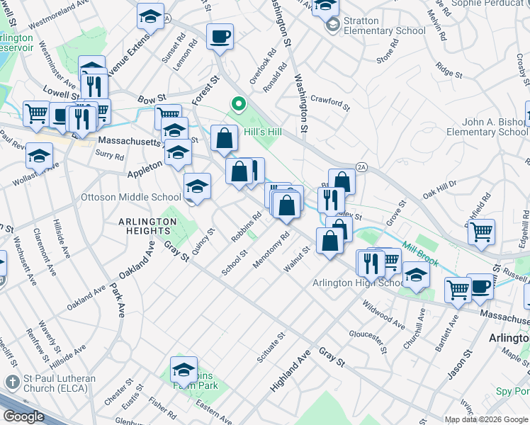 map of restaurants, bars, coffee shops, grocery stores, and more near 1098 Massachusetts Avenue in Arlington