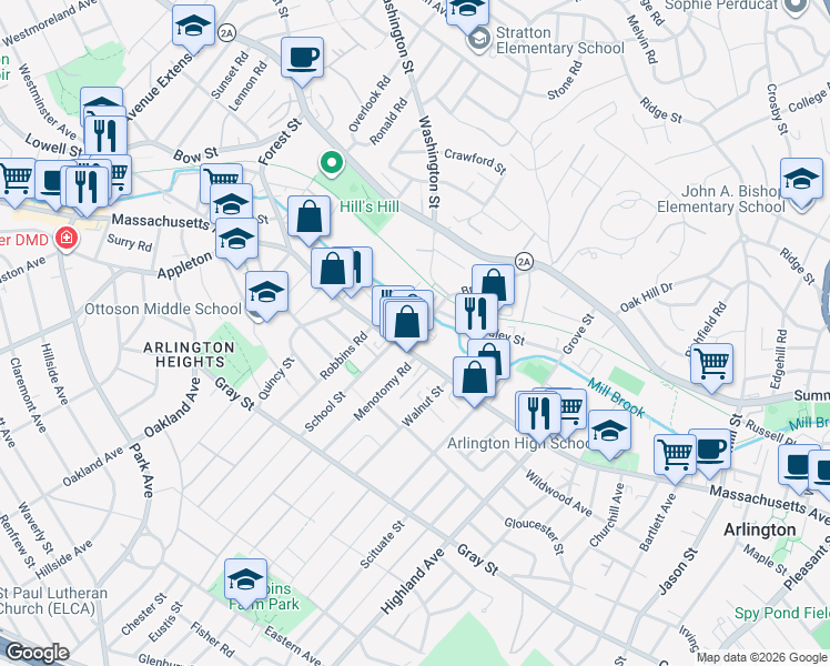 map of restaurants, bars, coffee shops, grocery stores, and more near 10 Brattle Street in Arlington