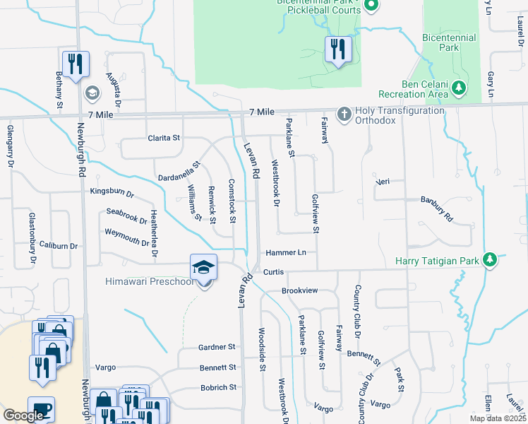 map of restaurants, bars, coffee shops, grocery stores, and more near 18528 Levan Road in Livonia