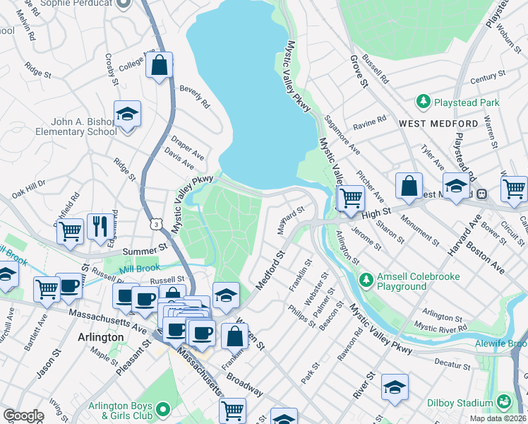 map of restaurants, bars, coffee shops, grocery stores, and more near 88 Webcowet Road in Arlington