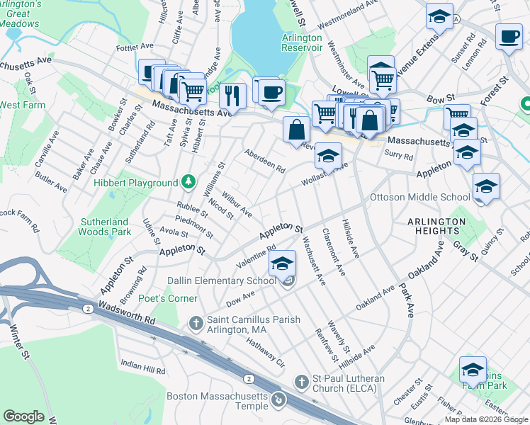 map of restaurants, bars, coffee shops, grocery stores, and more near 1 West Street in Arlington