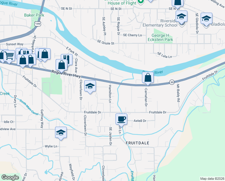 map of restaurants, bars, coffee shops, grocery stores, and more near 1510 Hamilton Lane in Grants Pass