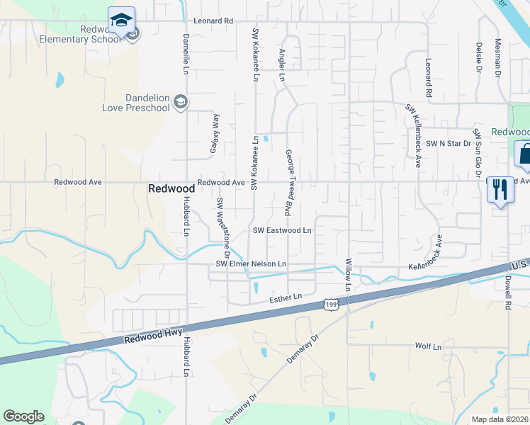 map of restaurants, bars, coffee shops, grocery stores, and more near 1512 Southwest Yucca Drive in Grants Pass